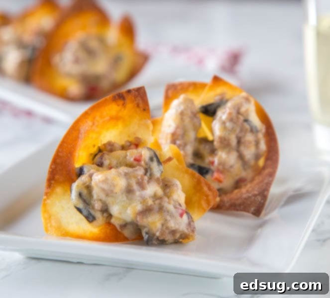 Kickoff Comfort Food 27 Cheesy Sausage Wonton Cups baked until bubbly and hot, in a muffin tin