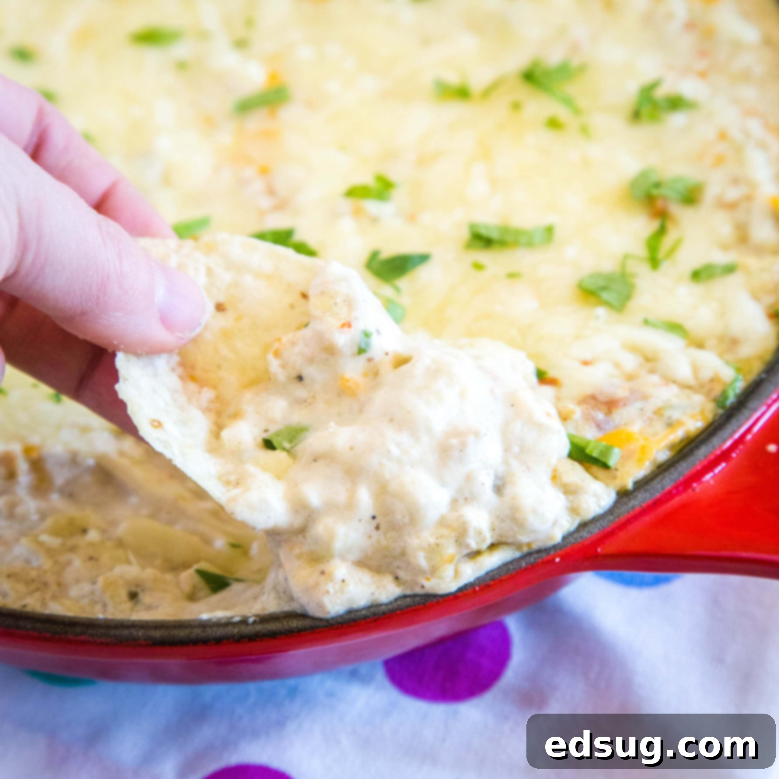 Kickoff Comfort Food 7 Close up of a chip scooping up Green Chili Chicken Enchilada Dip