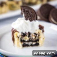 cropped oreo cheesecake with bite taken out of it