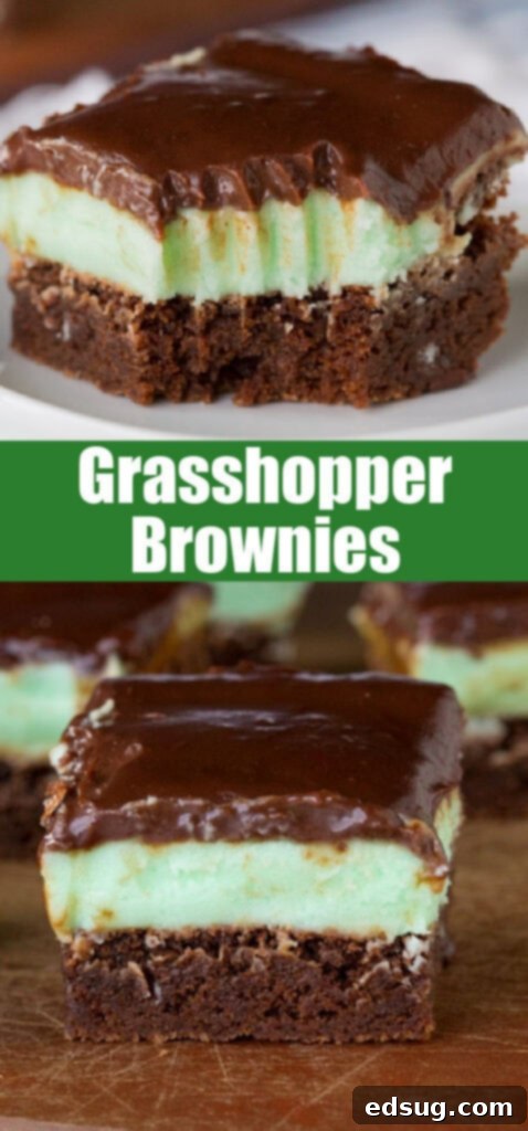 Decadent Grasshopper Brownies 5 grasshopper brownies close up on a cutting board for pinterest
