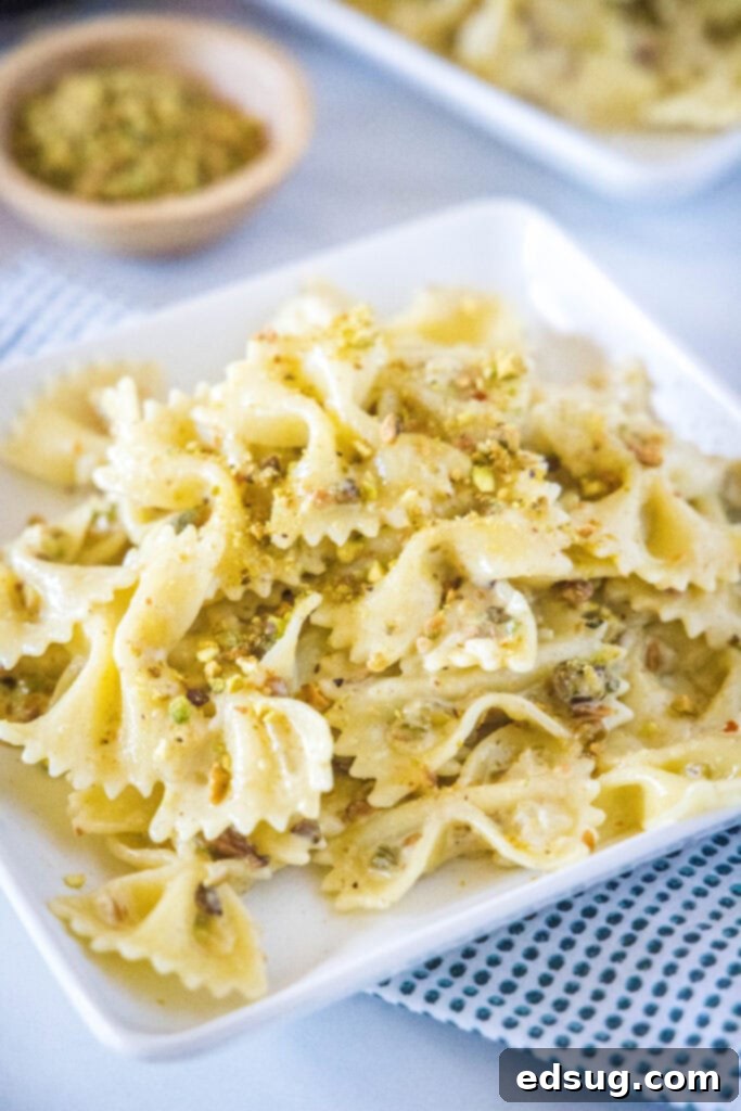 looking down on a plate of pasta with pistachios on it