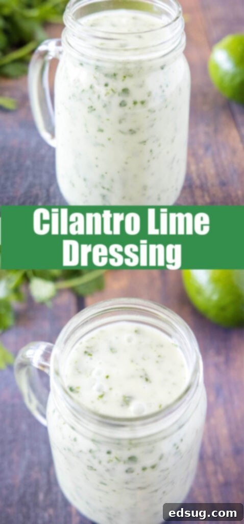 Close-up of a mason jar filled with creamy cilantro lime dressing, showing its texture.