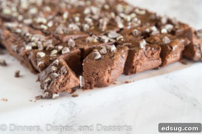 Foolproof Microwave Fudge 5 easy microwave fudge on a plate, garnished with Andes mints