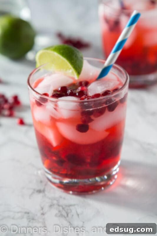 A beautifully crafted Pomegranate Vodka Gimlet, served in a glass with a straw and garnished with fresh pomegranate seeds.