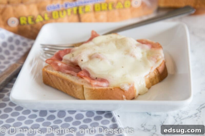 Uncovered Croque Monsieur 3 A single open faced croque monsieur sandwich, showcasing melted cheese, ham, and sauce, on a plate with a fork.