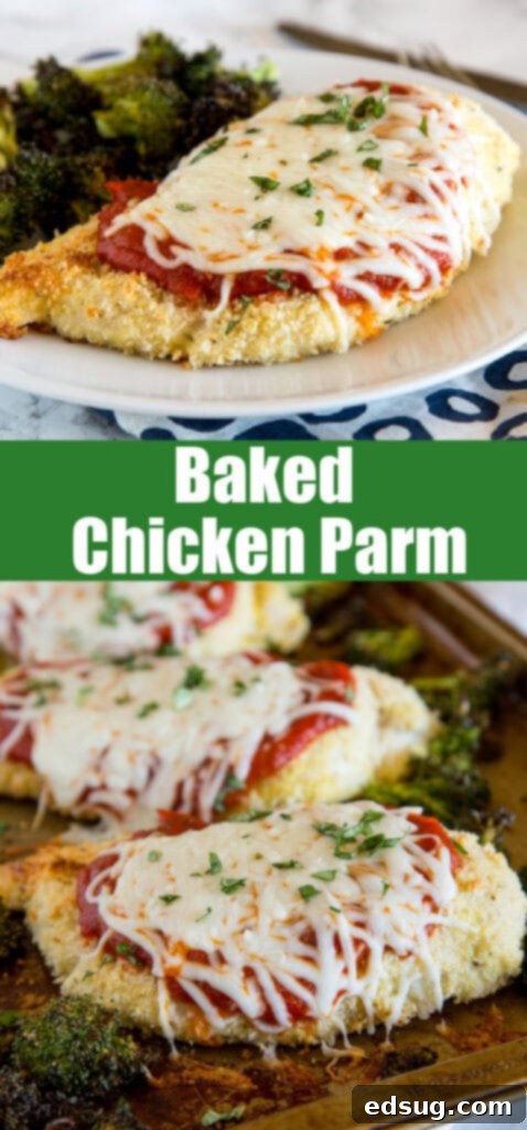 Parmesan-Crusted Baked Chicken 6 Close up of a single serving of baked chicken parmesan on a plate with fresh parsley garnish, accompanied by roasted broccoli.