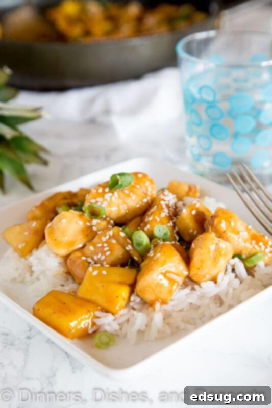 Tropical Pineapple Teriyaki Chicken 4 Close-up of a perfectly cooked Pineapple Chicken Teriyaki dish, highlighting the glossy sauce and perfectly browned chicken pieces, served on a white plate.