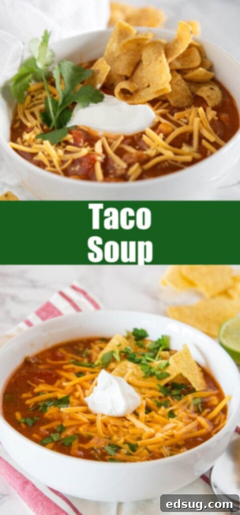 Close up of a bowl of taco soup with sour cream and cheese on top, garnished with cilantro
