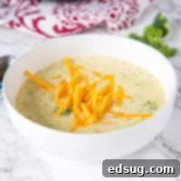 A creamy bowl of vibrant broccoli cheese soup.