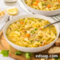 Close up of a comforting bowl of chicken noodle soup.