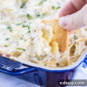 Close up of a chip in cheesy artichoke dip.