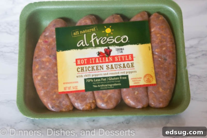 Package of al fresco hot Italian style chicken sausage, highlighting natural ingredients and lean protein for healthy eating.