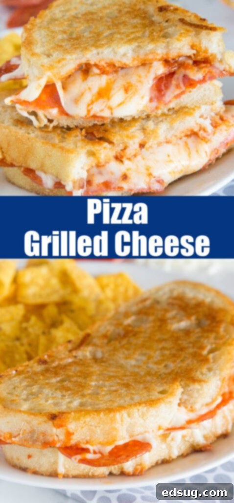 Close up view of pepperoni pizza grilled cheese sandwich, showing crispy bread and melted cheese