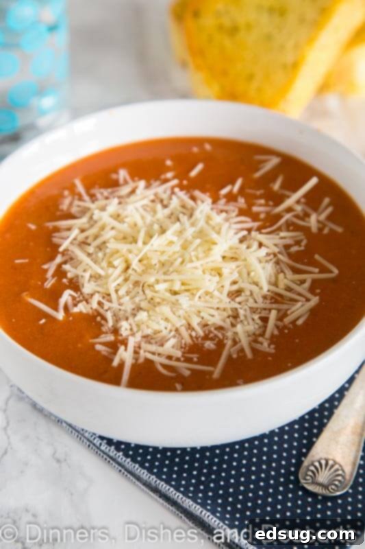 A steaming bowl of creamy tomato soup garnished with fresh herbs and a swirl of cream, ready to be enjoyed.