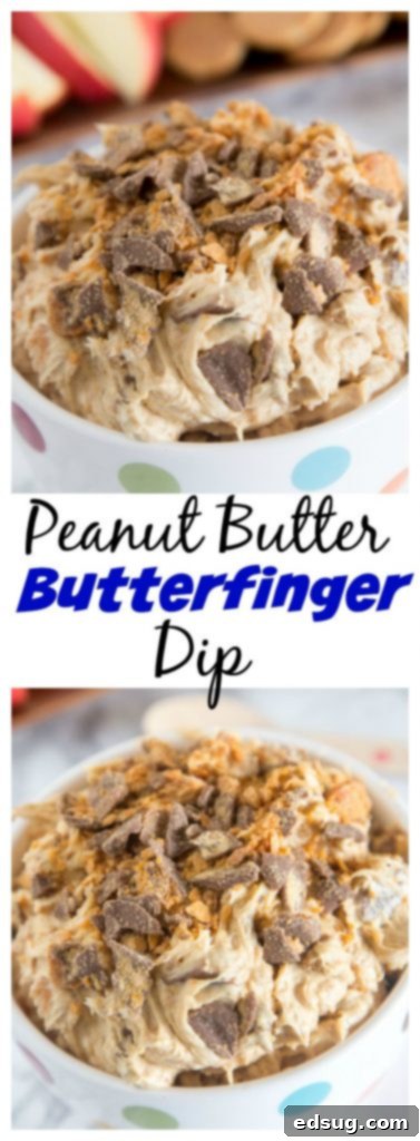 Overhead view of a bowl of Peanut Butter Butterfinger Dip with various dippers like apple slices and Nilla wafers