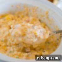 Creamy Cheesy Corn Dip 5 Cheesy corn dip in a slow cooker with serving spoon