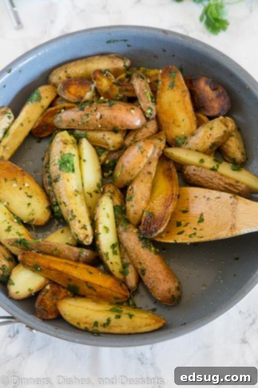 A plate of golden brown pan-seared fingerling mojo potatoes, garnished with fresh cilantro and a dollop of sour cream.