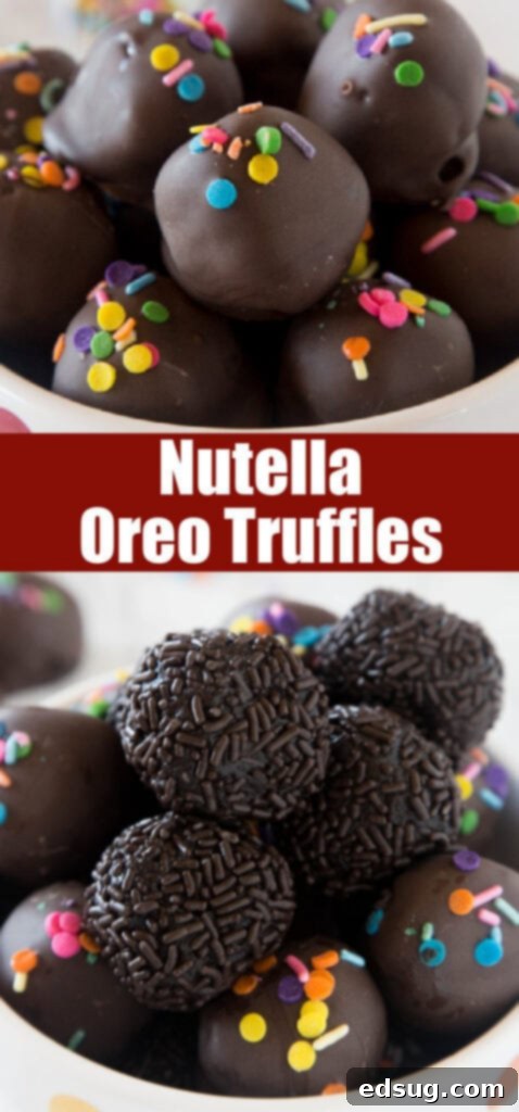 close up chocolate covered oreo truffles in a bowl, garnished with sprinkles