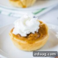 close up individual pumpkin pie on a white plate