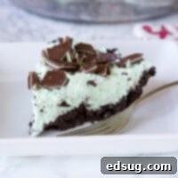 No Bake Mint Chocolate Chip Pie - a creamy mint pie with chocolate chips, topped with Andes mints, all in an Oreo crust! Such an easy no bake pie that is great for the holidays.