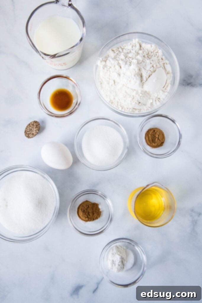 Cinnamon Swirl Muffins 3 cinnamon muffin ingredients laid out on a kitchen counter
