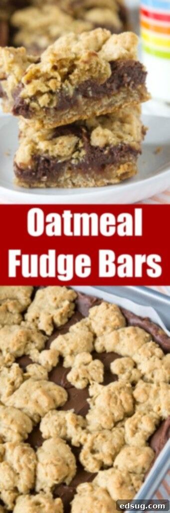 A close-up shot of a single Oatmeal Fudge Bar, emphasizing its inviting texture and distinct layers.