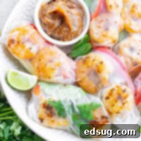 27 Effortless Shrimp Meals 10 Cropped square image of fresh shrimp summer rolls served on a plate with dipping sauce.