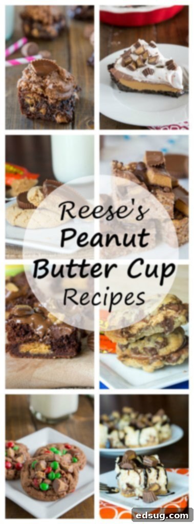 A Pinterest-friendly collage of various Reese's Peanut Butter Cup dessert recipes, encouraging users to save the collection for future baking inspiration and sweet treats.