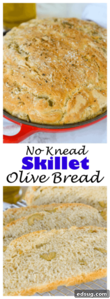 A whole loaf of golden, crusty homemade bread with visible olives, on a white surface.