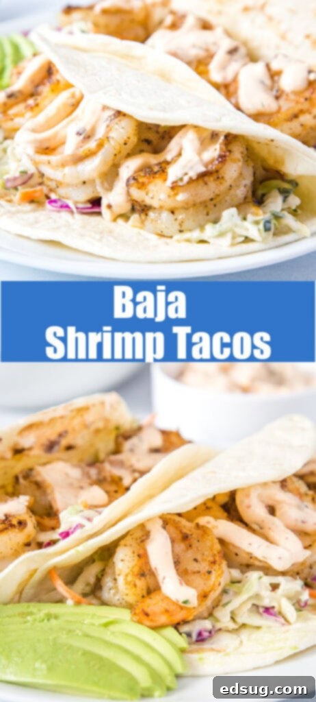 A collage of Baja Shrimp Tacos images for Pinterest, showcasing different angles and serving suggestions.