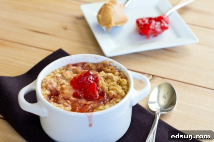 Nostalgic PB&J Oatmeal Bake 2 baked oatmeal topped with jelly