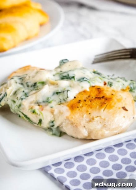 a white plate with spinach and artichoke sauce over chicken