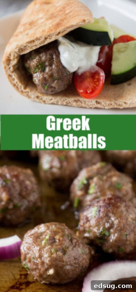 One-Pan Greek Meatballs 6 Close-up of succulent Greek meatballs drizzled with creamy tzatziki sauce, garnished with fresh dill, ready to be served.