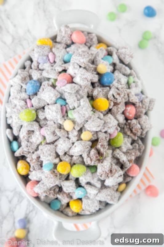 Easter Bunny Chow 1 Bowl of Easter Muddy Buddies with pastel M&M's, a perfect spring treat