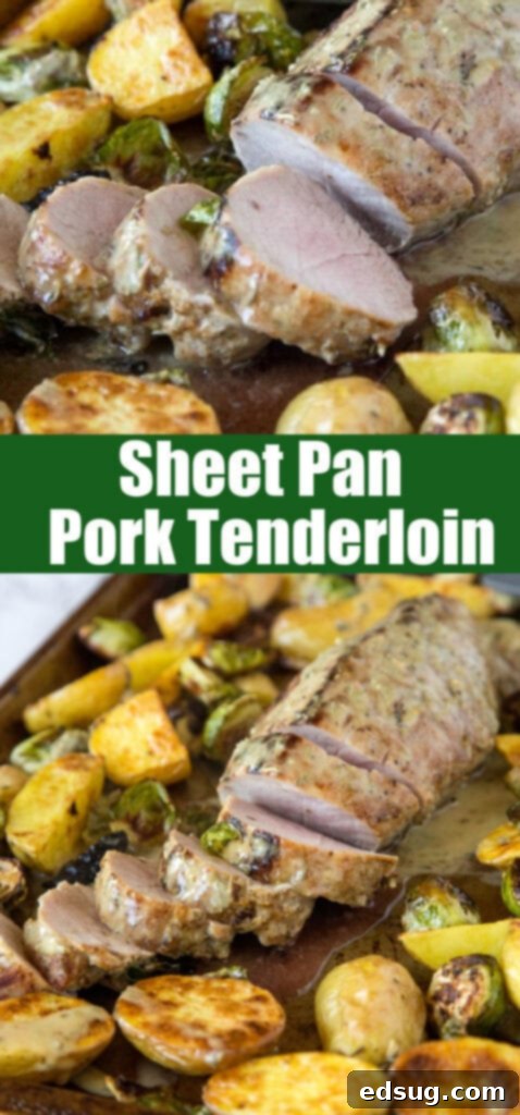 One-Pan Pork Tenderloin Dinner 6 close up pork tenderloin with potatoes and vegetables on a sheet pan
