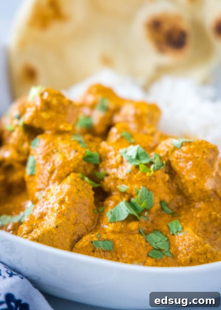Creamy Butter Chicken Perfection 2 butter chicken curry topped with cilantro in a white bowl