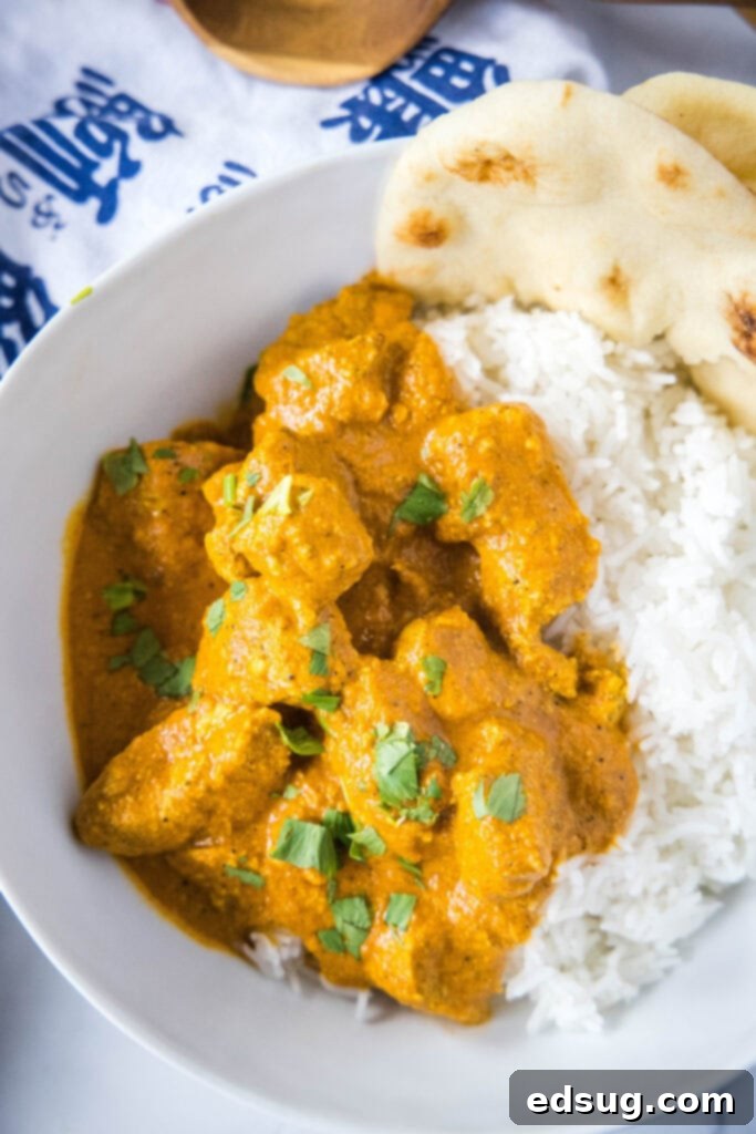 Creamy Butter Chicken Perfection 5 looking down on a bowl of butter chicken curry, rice and naan bread