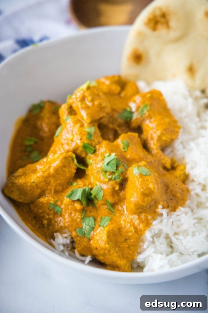 Creamy Butter Chicken Perfection 6 indian butter chicken over rice in a white bowl