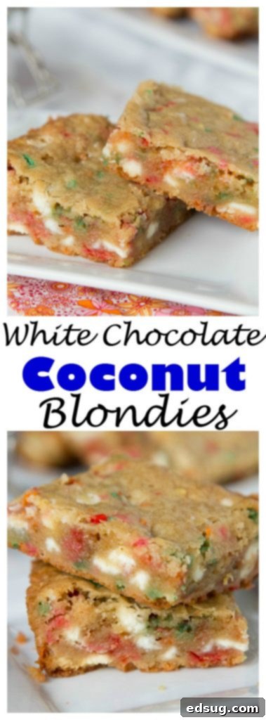 Coconut White Chocolate Blondies - traditional blondies loaded with lots of white chocolate chips, sprinkles, and made with coconut oil instead of butter!