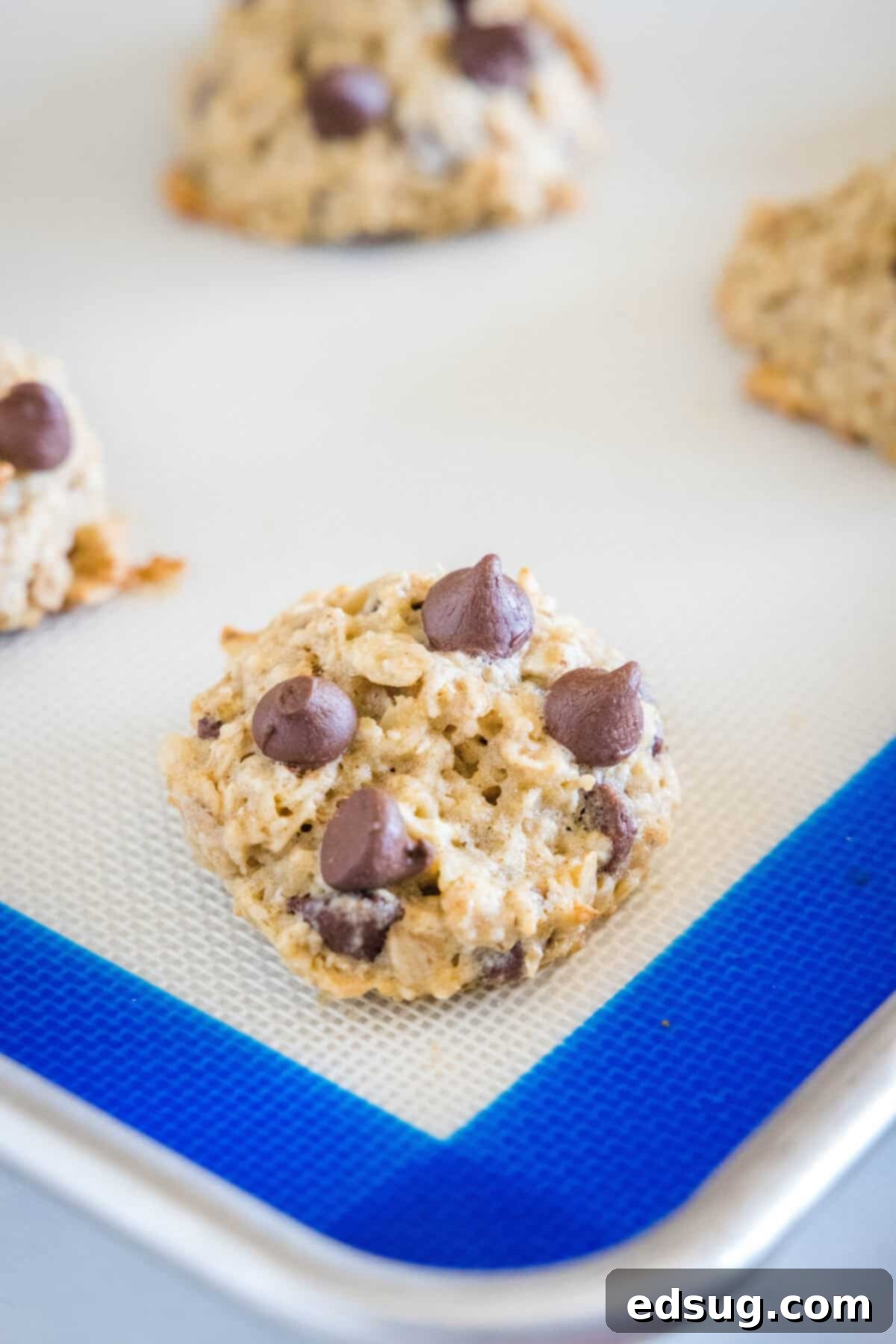 Close-up of baked banana chocolate chip cookies on a baking sheet, showing their golden brown edges and melty chocolate