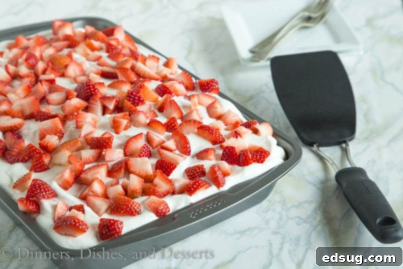 Poke cake in a pan with homemade whipped cream and lots of fresh strawberries