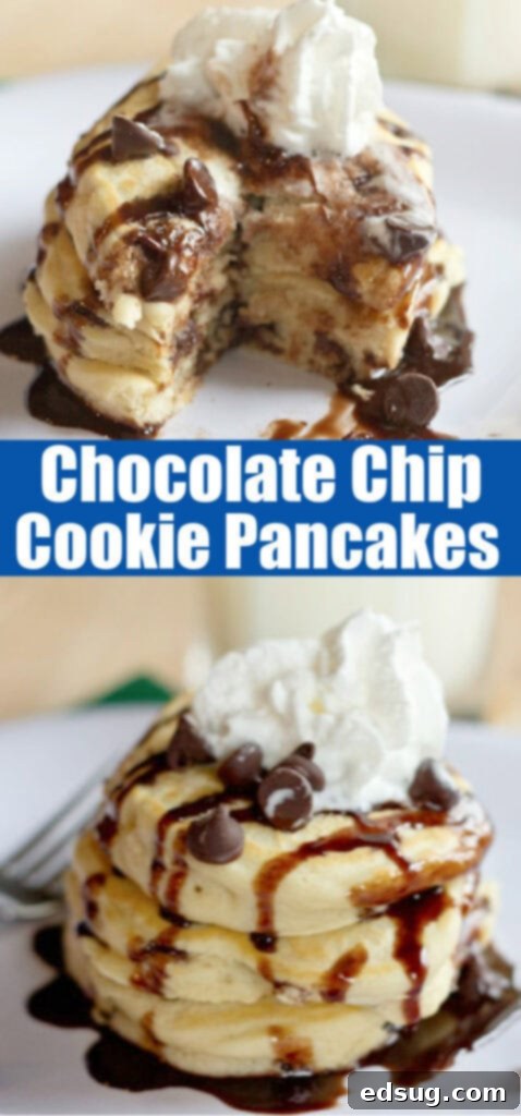 A mouthwatering close-up of a stack of chocolate chip cookie pancakes, generously topped with chocolate sauce and whipped cream, ready to be enjoyed. Perfect for a rich and indulgent breakfast.