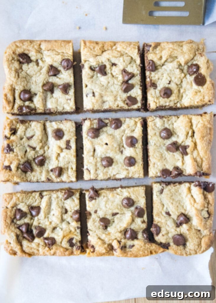 Ultimate Peanut Butter Chocolate Chip Bars 5 Sliced peanut butter chocolate chip blondies arranged neatly on a wooden cutting board