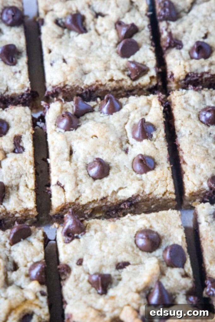 Ultimate Peanut Butter Chocolate Chip Bars 6 Close-up of neatly sliced peanut butter chocolate chip bars on a rustic wooden cutting board
