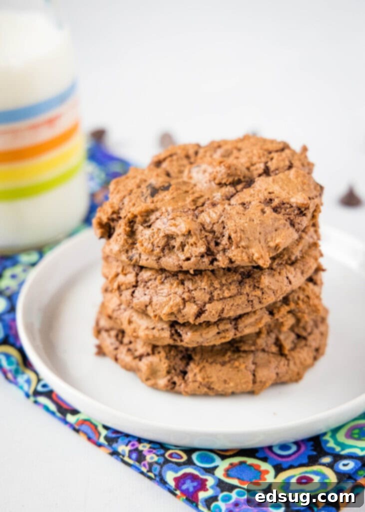 Decadent Chocolate Fudge Cookies 2 Stack of rich, fudgy brownie cookies on a white plate, showcasing their crackly tops and dense, chocolatey texture.