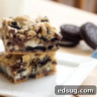 Decadent Double Cookies and Cream Bars 1 double cookies and cream kiss bars on a plate