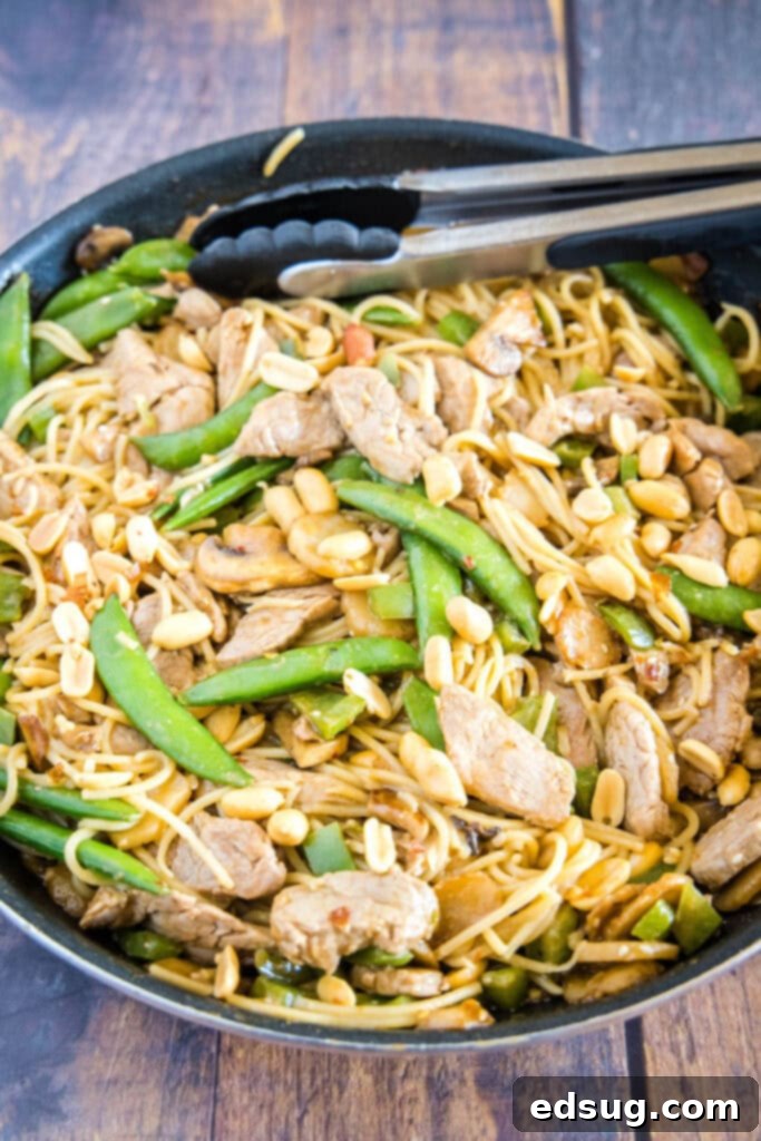 Savory Stir-Fried Noodles 3 Asian noodle stir fry cooking in a large skillet, showing colorful vegetables and sliced pork being tossed together.