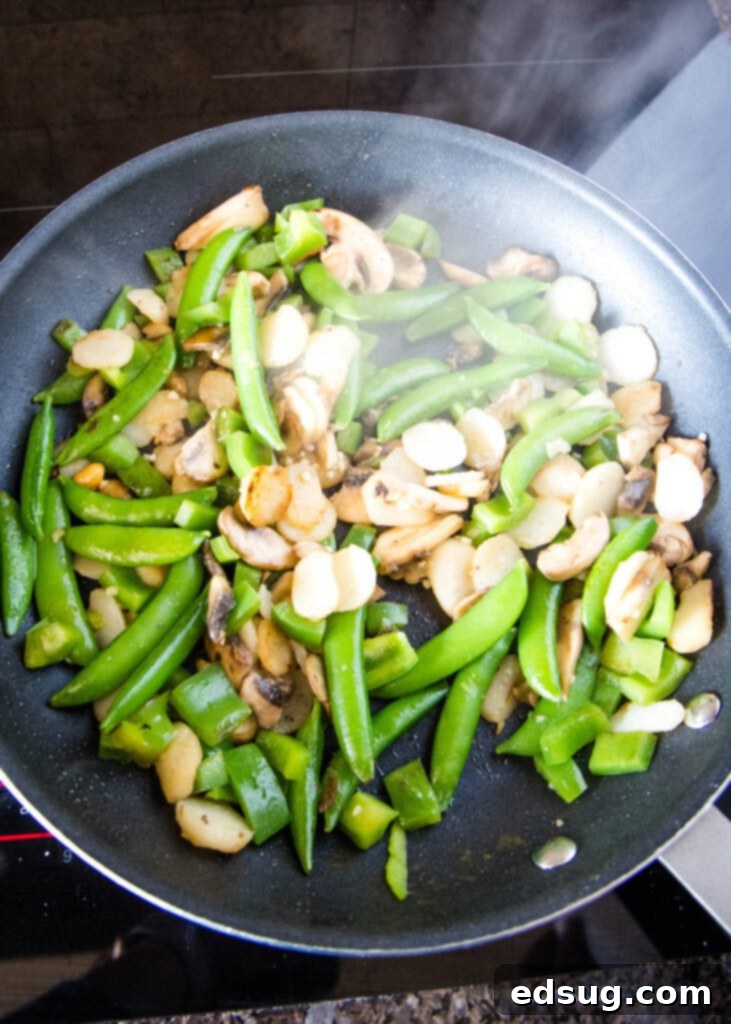 Savory Stir-Fried Noodles 5 Mixed vegetables (mushrooms, bell peppers, snap peas, water chestnuts) cooking in a large skillet for a stir fry.