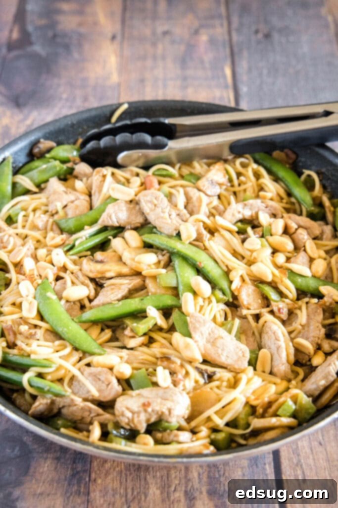 Savory Stir-Fried Noodles 7 Asian noodle stir fry with pork and vegetables cooking in a large skillet, ready to be served.