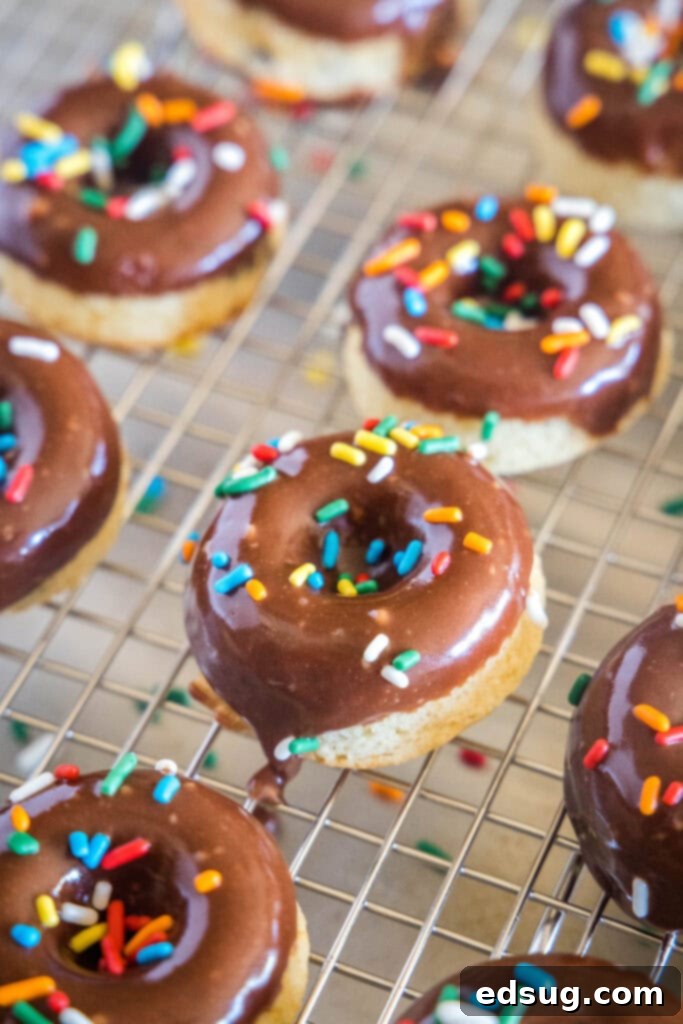 Baked mini chocolate donut with chocolate glaze and colorful sprinkles on a cooling rack